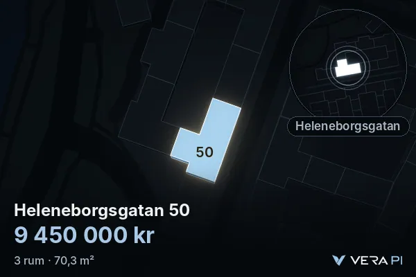 VERA PI:s bild av Heleneborgsgatan 50: huset i 3D, upplyst i blått, och kartan runt omkring