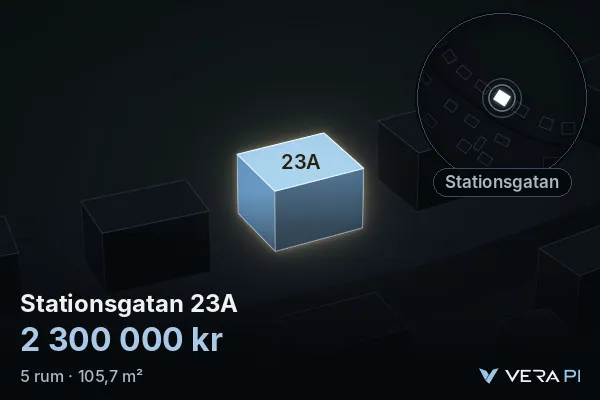 VERA PI's image of Stationsgatan 23A: the building in 3D, lit in blue, and the map around it