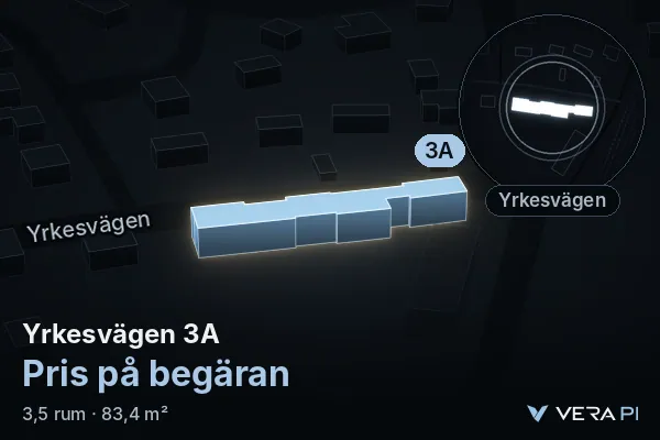 VERA PI:s bild av Yrkesvägen 3A: huset i 3D, upplyst i blått, och kartan runt omkring