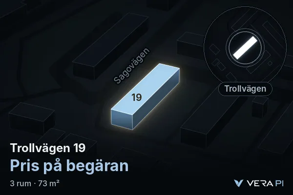 VERA PI's image of Trollvägen 19: the building in 3D, lit in blue, and the map around it