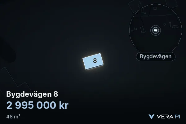 VERA PI's image of Bygdevägen 8: the building in 3D, lit in blue, and the map around it
