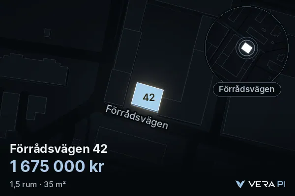 VERA PI:s bild av Förrådsvägen 42: huset i 3D, upplyst i blått, och kartan runt omkring