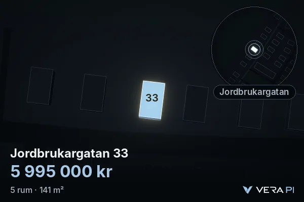 VERA PI:s bild av Jordbrukargatan 33: huset i 3D, upplyst i blått, och kartan runt omkring