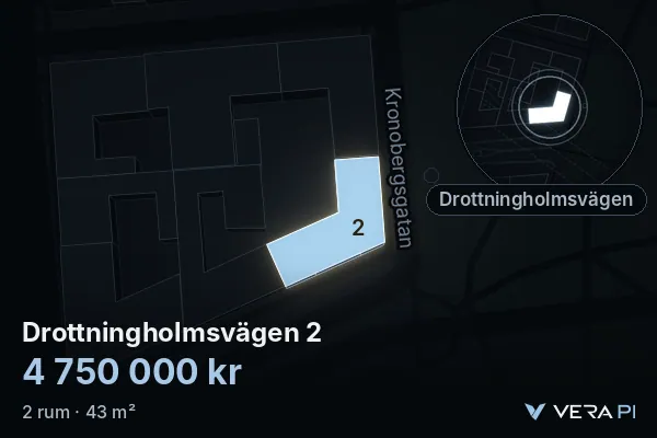 VERA PI:s bild av Drottningholmsvägen 2: huset i 3D, upplyst i blått, och kartan runt omkring
