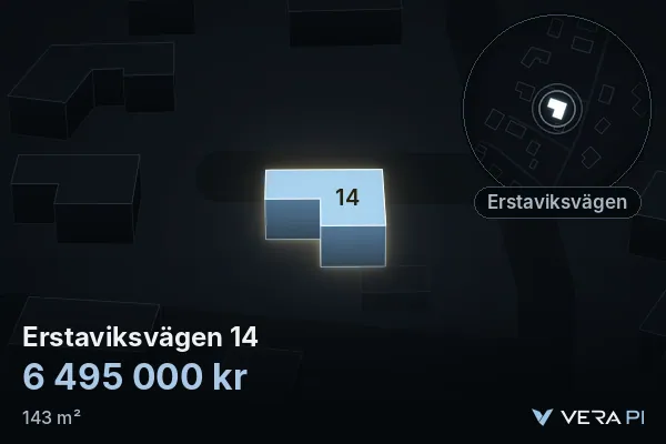 VERA PI:s bild av Erstaviksvägen 14: huset i 3D, upplyst i blått, och kartan runt omkring