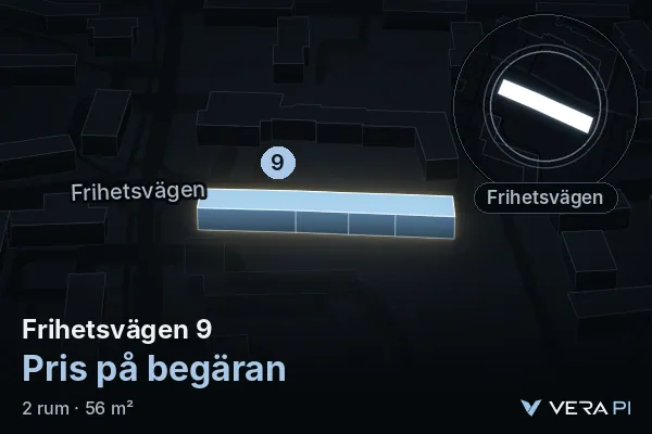 VERA PI's image of Frihetsvägen 9: the building in 3D, lit in blue, and the map around it
