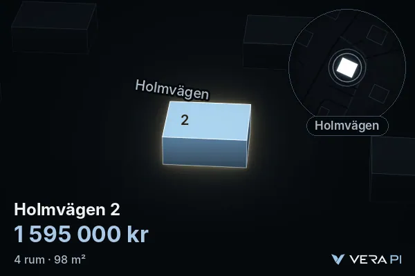 VERA PI's image of Holmvägen 2: the building in 3D, lit in blue, and the map around it