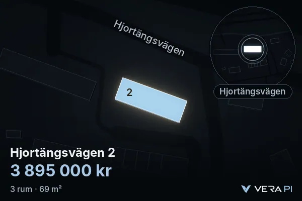 VERA PI:s bild av Hjortängsvägen 2: huset i 3D, upplyst i blått, och kartan runt omkring