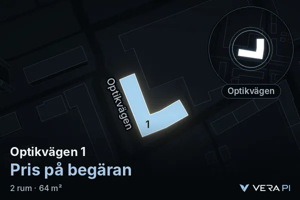 VERA PI's image of Optikvägen 1: the building in 3D, lit in blue, and the map around it