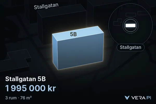 VERA PI:s bild av Stallgatan 5B: huset i 3D, upplyst i blått, och kartan runt omkring