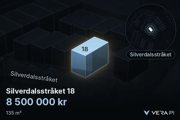VERA PI:s bild av Silverdalsstråket 18: huset i 3D, upplyst i blått, och kartan runt omkring