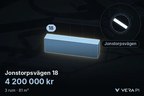 VERA PI's image of Jonstorpsvägen 18: the building in 3D, lit in blue, and the map around it