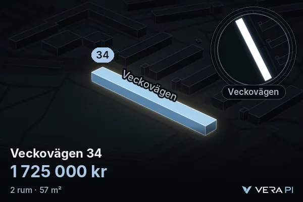 VERA PI's image of Veckovägen 34: the building in 3D, lit in blue, and the map around it
