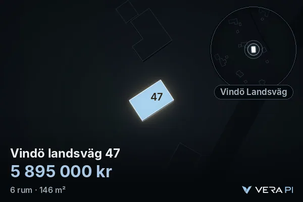 VERA PI:s bild av Vindö landsväg 47: huset i 3D, upplyst i blått, och kartan runt omkring