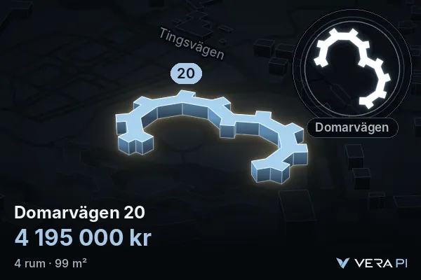 VERA PI:s bild av Domarvägen 20: huset i 3D, upplyst i blått, och kartan runt omkring