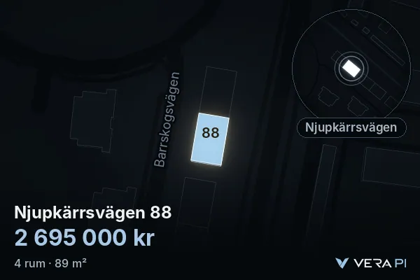 VERA PI's image of Njupkärrsvägen 88: the building in 3D, lit in blue, and the map around it