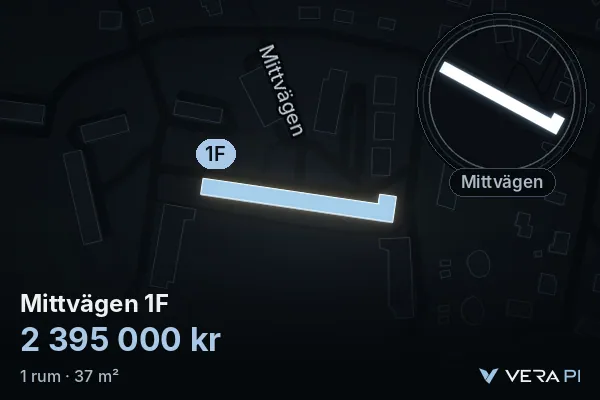 VERA PI's image of Mittvägen 1F: the building in 3D, lit in blue, and the map around it
