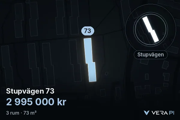 VERA PI's image of Stupvägen 73: the building in 3D, lit in blue, and the map around it