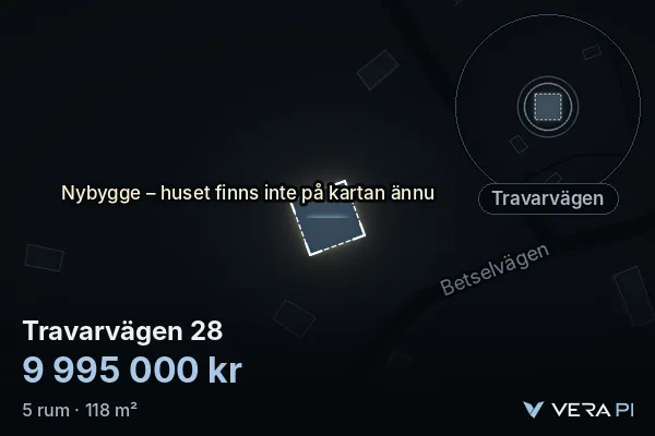 VERA PI's image of Travarvägen 28: the building in 3D, lit in blue, and the map around it