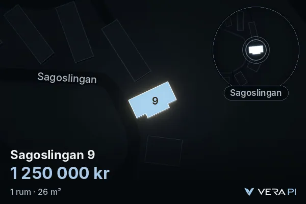 VERA PI:s bild av Sagoslingan 9: huset i 3D, upplyst i blått, och kartan runt omkring