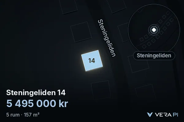 VERA PI:s bild av Steningeliden 14: huset i 3D, upplyst i blått, och kartan runt omkring