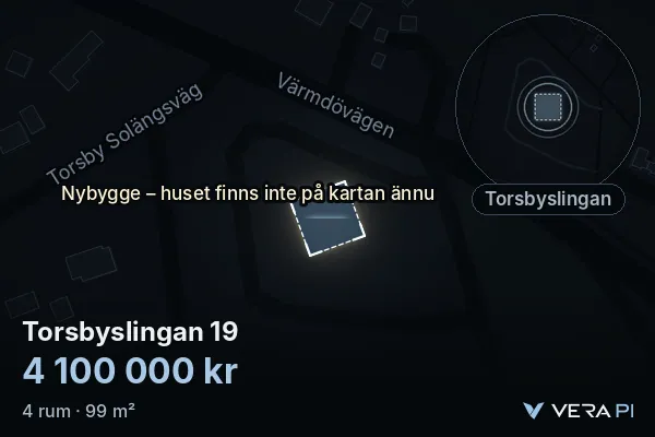 VERA PI's image of Torsbyslingan 19: the building in 3D, lit in blue, and the map around it