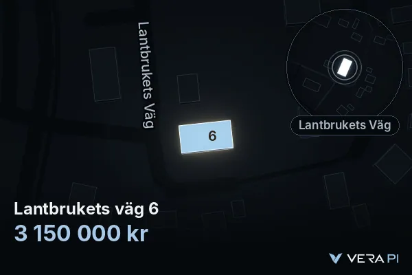 VERA PI:s bild av Lantbrukets väg 6: huset i 3D, upplyst i blått, och kartan runt omkring