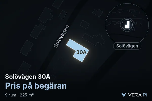 VERA PI's image of Solövägen 30A: the building in 3D, lit in blue, and the map around it