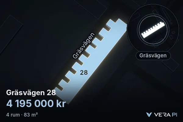 VERA PI:s bild av Gräsvägen 28: huset i 3D, upplyst i blått, och kartan runt omkring