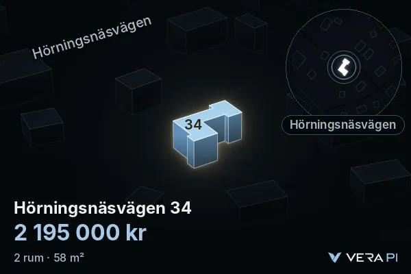 VERA PI's image of Hörningsnäsvägen 34: the building in 3D, lit in blue, and the map around it