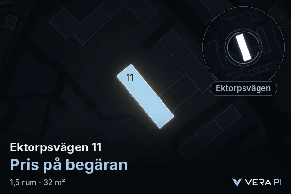 VERA PI:s bild av Ektorpsvägen 11: huset i 3D, upplyst i blått, och kartan runt omkring