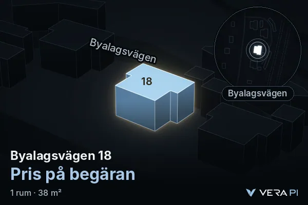 VERA PI:s bild av Byalagsvägen 18: huset i 3D, upplyst i blått, och kartan runt omkring