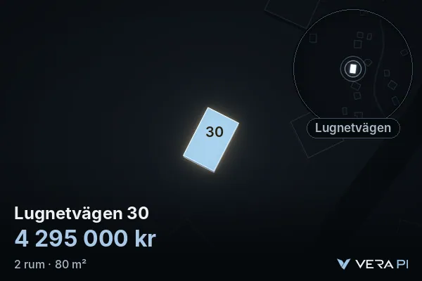 VERA PI's image of Lugnetvägen 30: the building in 3D, lit in blue, and the map around it