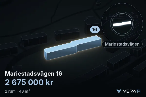 VERA PI's image of Mariestadsvägen 16: the building in 3D, lit in blue, and the map around it