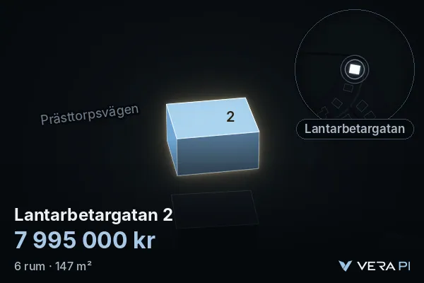 VERA PI:s bild av Lantarbetargatan 2: huset i 3D, upplyst i blått, och kartan runt omkring