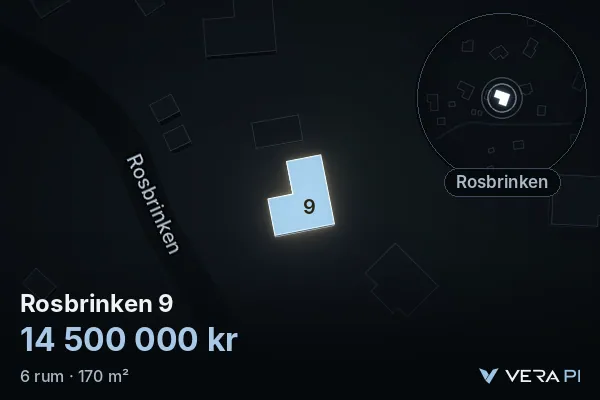 VERA PI:s bild av Rosbrinken 9: huset i 3D, upplyst i blått, och kartan runt omkring