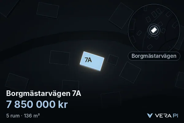 VERA PI:s bild av Borgmästarvägen 7A: huset i 3D, upplyst i blått, och kartan runt omkring