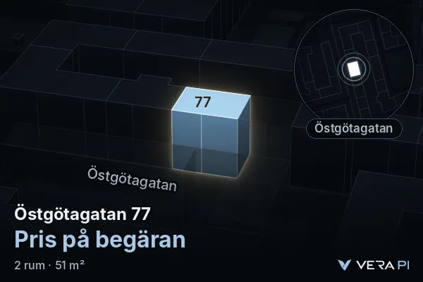 VERA PI:s bild av Östgötagatan 77: huset i 3D, upplyst i blått, och kartan runt omkring