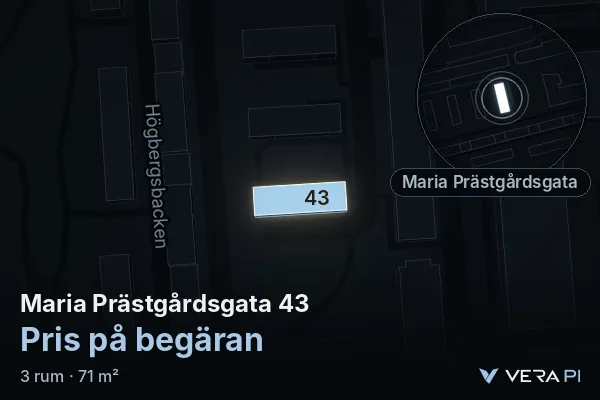 VERA PI's image of Maria Prästgårdsgata 43: the building in 3D, lit in blue, and the map around it