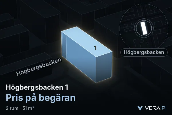 VERA PI:s bild av Högbergsbacken 1: huset i 3D, upplyst i blått, och kartan runt omkring