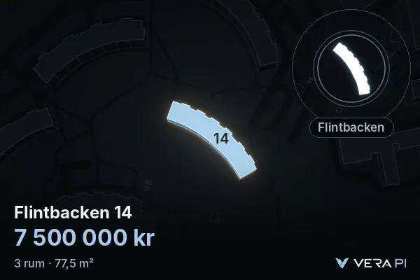 VERA PI:s bild av Flintbacken 14: huset i 3D, upplyst i blått, och kartan runt omkring