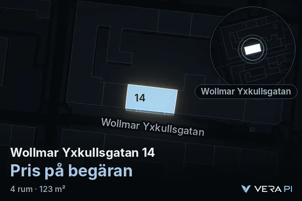 VERA PI's image of Wollmar Yxkullsgatan 14: the building in 3D, lit in blue, and the map around it