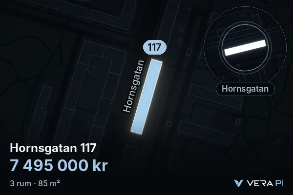 VERA PI:s bild av Hornsgatan 117: huset i 3D, upplyst i blått, och kartan runt omkring