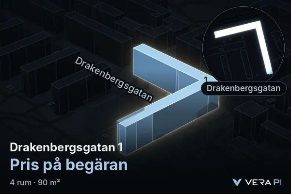 VERA PI:s bild av Drakenbergsgatan 1: huset i 3D, upplyst i blått, och kartan runt omkring