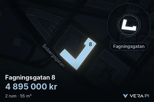 VERA PI's image of Fagningsgatan 8: the building in 3D, lit in blue, and the map around it