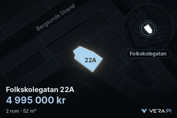 VERA PI:s bild av Folkskolegatan 22A: huset i 3D, upplyst i blått, och kartan runt omkring
