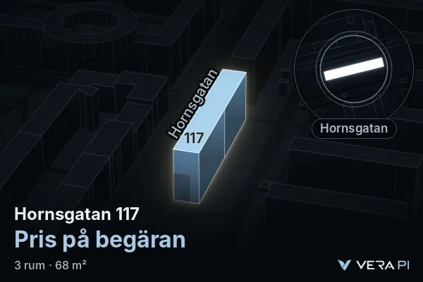VERA PI:s bild av Hornsgatan 117: huset i 3D, upplyst i blått, och kartan runt omkring