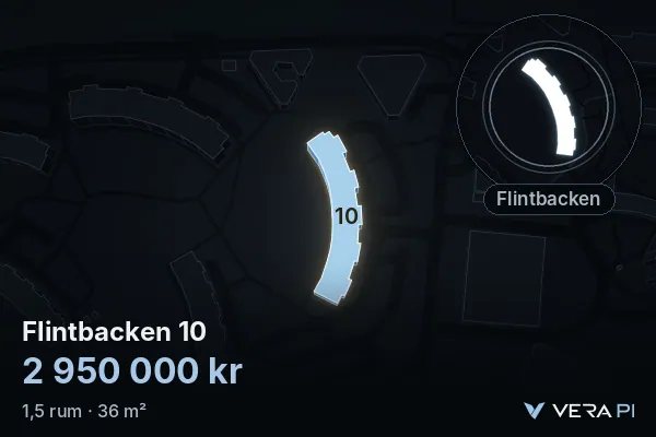 VERA PI:s bild av Flintbacken 10: huset i 3D, upplyst i blått, och kartan runt omkring