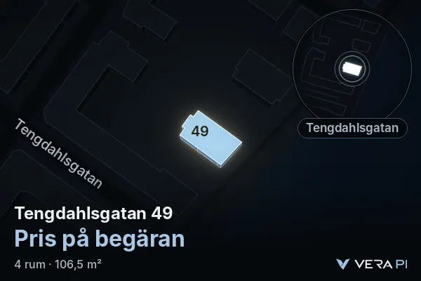 VERA PI's image of Tengdahlsgatan 49: the building in 3D, lit in blue, and the map around it