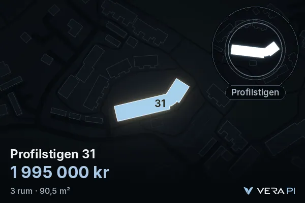 VERA PI:s bild av Profilstigen 31: huset i 3D, upplyst i blått, och kartan runt omkring